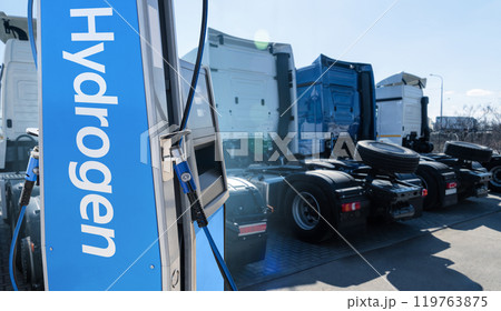 A hydrogen fuel cell semi truck near filling station. Eco-friendly commercial vehicle concept 119763875