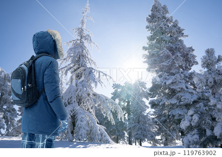 Back view of traveler in a blue jacket with a fur hood and a backpack on the background of a winter landscape during snowfall. Back view of traveler in a blue jacket with a fur hood and a backpack on the background of a winter landscape during snowfall. 119763902