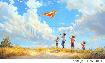 広大な空の下、凧揚げを楽しむ子供たちの絵画風イラスト 119764091