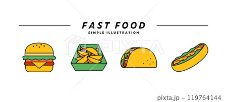 ファストフード・ジャンクフードのイラストのセット アイコン ハンバーガー ホットドッグ タコス 軽食 ファストフード・ジャンクフードのイラストのセット アイコン ハンバーガー ホットドッグ タコス 軽食 119764144