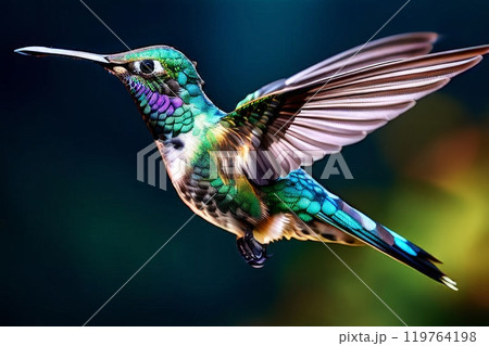 Delicate ballet of a hummingbird as it hovers and then gracefully lands on a slender branch 119764198