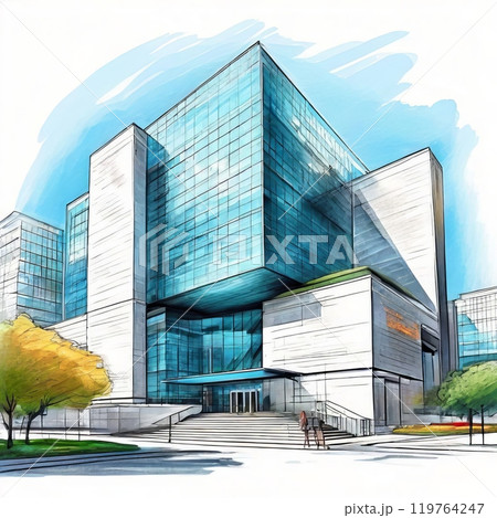 Sustainable glass office building with tree for reducing carbon dioxide. Office with green 119764247