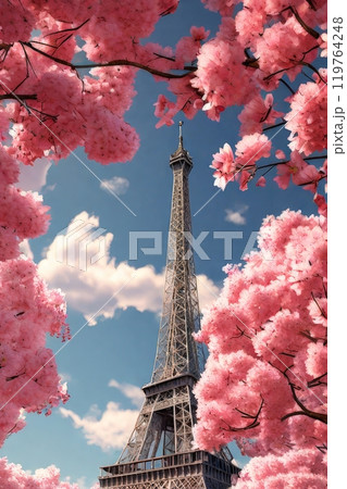 a tower and pink cherry blossom with blue sky 119764248