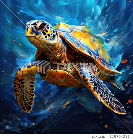 an ai generated image, Turtle gliding gracefully beside a vibrant coral reef undersea illustration 119764251