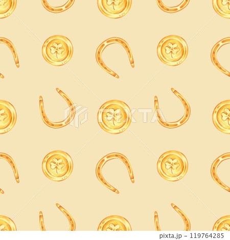 Golden horseshoe and coin. Seamless pattern for St. Patrick's Day. Watercolor and marker illustrations. Hand drawn isolated background. Symbol of luck, wealth or success. Vintage style texture Golden horseshoe and coin. Seamless pattern for St. Patrick's Day. Watercolor and marker illustrations. Hand drawn isolated background. Symbol of luck, wealth or success. Vintage style texture 119764285