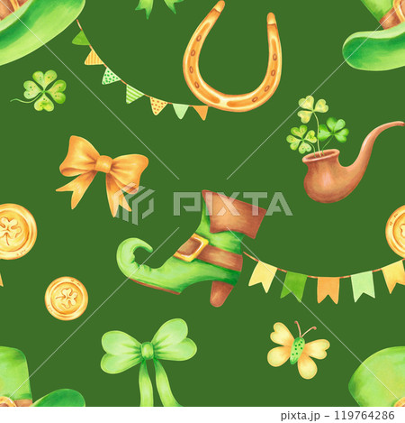 Top hat, golden horseshoe and coin, clover, boot with pipe for St. Patrick's Day. Seamless pattern. Watercolor illustration. Hand drawn art on green background. Symbol of luck, wealth or success 119764286