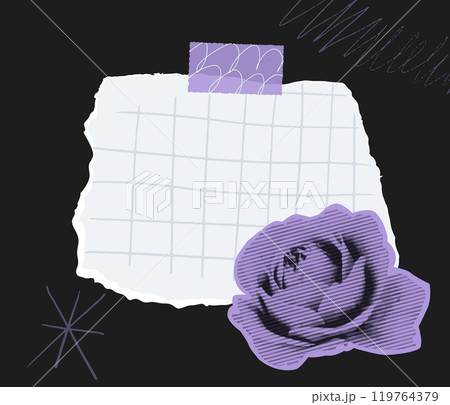 Torn memo checkered page, halftone dritty purple rose cutout. Taped blank note, retro collage Torn memo checkered page, halftone dritty purple rose cutout. Taped blank note, retro collage 119764379
