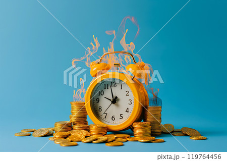 Burning alarm clock with golden coins. Lost investments, burnt savings, inflation concept. Temporary financial difficulties, time out or deadline, wrong decisions. Money on fire, hot sale, shopping. 119764456