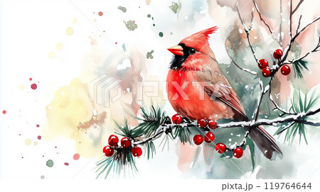 クリスマスの水彩イラスト。柊、ベリー、鳥 119764644