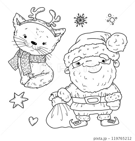 Vector illustration set of Santa Claus and cat for Christmas in doodle hand drawn style. Vector illustration set of Santa Claus and cat for Christmas in doodle hand drawn style. 119765212