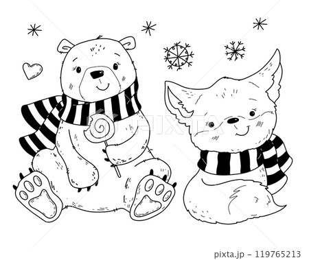 Vector illustration set of polar bear and fox for Christmas in doodle hand drawn style. Vector illustration set of polar bear and fox for Christmas in doodle hand drawn style. 119765213