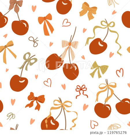 Coquette cherry, bows and ribbons seamless pattern. Cute Valentines day vector print. 119765276