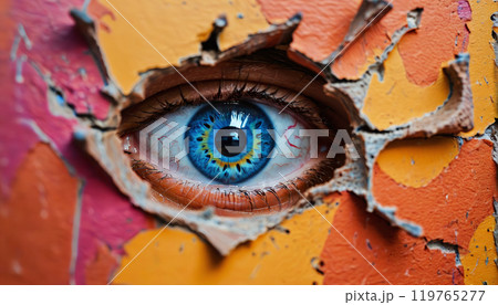 Conceptual representation of an eye looking through a small opening, secretly observing something 119765277