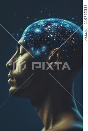 Conceptual depiction of a person absorbed in himself, reflecting with his thoughts on the origin of life in the universe, the meaning of its existence and the past and future 119765338