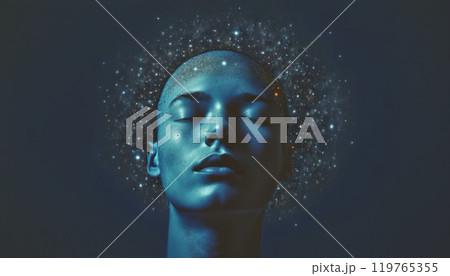 Conceptual depiction of a person absorbed in himself, reflecting with his thoughts on the origin of life in the universe, the meaning of its existence and the past and future Conceptual depiction of a person absorbed in himself, reflecting with his thoughts on the origin of life in the universe, the meaning of its existence and the past and future 119765355