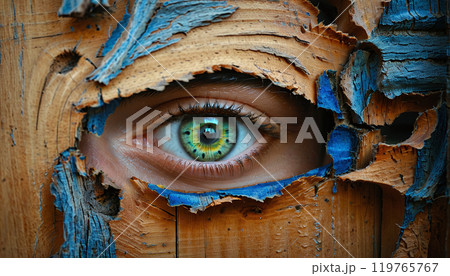 Conceptual representation of an eye looking through a small opening, secretly observing something 119765767