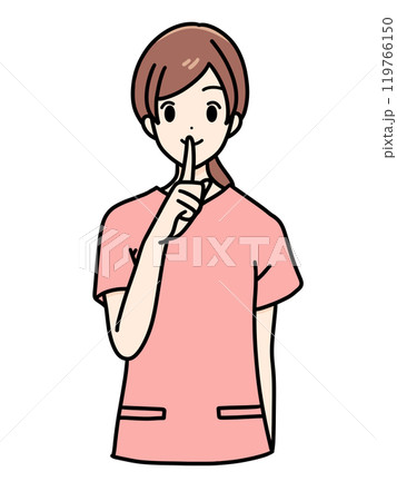 女性看護師の正面立ちポーズ　スクラブ　上半身　静かにする合図 119766150
