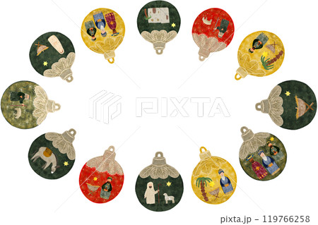 Christmas tree decorative ball with nativity scene oval frame isolated on white in watercolor. Illustration for, invitations, cards, Christmas, cards, stickers, posters, advent calendar, banner 119766258