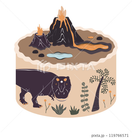 Cute bento cake with dinosaur, volcano and prehistoric plants. Jurassic Happy Birthday topic design element for babies and kids. Isolated vector illustration Cute bento cake with dinosaur, volcano and prehistoric plants. Jurassic Happy Birthday topic design element for babies and kids. Isolated vector illustration 119766571