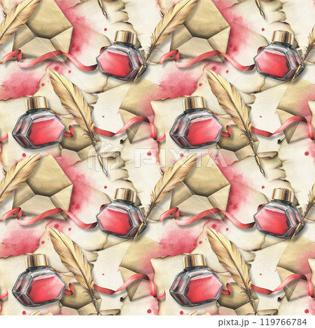 For Valentine's Day, seamless pattern with envelopes, papyrus, red ink, pen and ribbons. Hand drawn watercolor illustration. 119766784