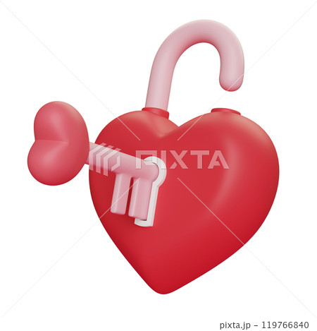 Heart Shaped Lock opened with key 3D graphic Heart Shaped Lock opened with key 3D graphic 119766840
