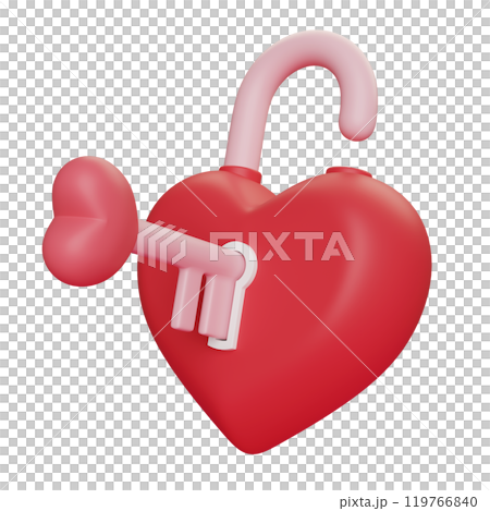 Heart Shaped Lock opened with key 3D graphic Heart Shaped Lock opened with key 3D graphic 119766840