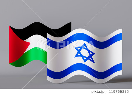 Israeli and Palestinian flags on gray background. Image represents complex relationship, emphasizing themes of diplomacy unity and cultural identity. Situation between Israel and Palestine. 3D render. Israeli and Palestinian flags on gray background. Image represents complex relationship, emphasizing themes of diplomacy unity and cultural identity. Situation between Israel and Palestine. 3D render. 119766856