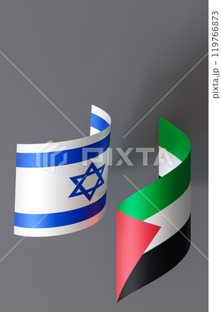 Israeli and Palestinian flags on gray background. Complex relationship, emphasizing themes of diplomacy unity cultural identity. Situation between Israel and Palestine. Vertical 3D render. Copy space. 119766873