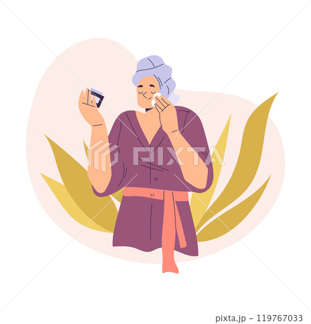 Personal Care with Woman Character Apply Cream Enjoy Grooming Procedure Vector Illustration Personal Care with Woman Character Apply Cream Enjoy Grooming Procedure Vector Illustration 119767033