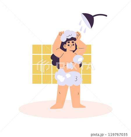 Personal Care with Girl Character Take Shower Enjoy Grooming Procedure Vector Illustration Personal Care with Girl Character Take Shower Enjoy Grooming Procedure Vector Illustration 119767035