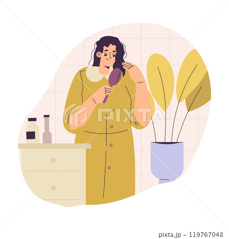 Personal Care with Woman Character Brushing Her Hair Enjoy Grooming Procedure Vector Illustration Personal Care with Woman Character Brushing Her Hair Enjoy Grooming Procedure Vector Illustration 119767048
