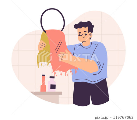 Personal Care with Man Character Dry Hands with Towel Enjoy Grooming Procedure Vector Illustration 119767062
