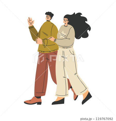Man and Woman Character Walking in the Park and Talking Vector Illustration Man and Woman Character Walking in the Park and Talking Vector Illustration 119767092