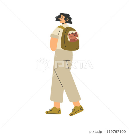 Woman Character with Cat Pet in Backpack as Domestic Animal Vector Illustration 119767100
