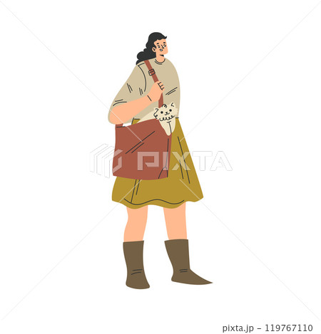 Woman Character with Cat Pet in Bag as Domestic Animal Vector Illustration 119767110