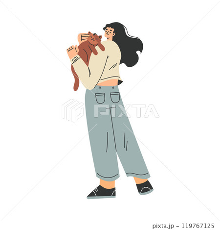 Woman Character with Cat Pet as Domestic Animal Vector Illustration Woman Character with Cat Pet as Domestic Animal Vector Illustration 119767125
