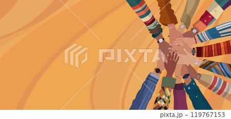 Group hands on top of each other of multicultural people. Community teamwork cooperation or ethnicity concept. Diverse culture.Equality diversity inclusion. Agreement between colleagues 119767153