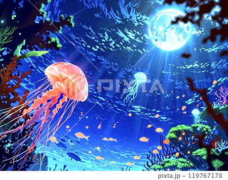 月光が差し込むクラゲがいる海-2のイラスト素材 [119767178] - PIXTA