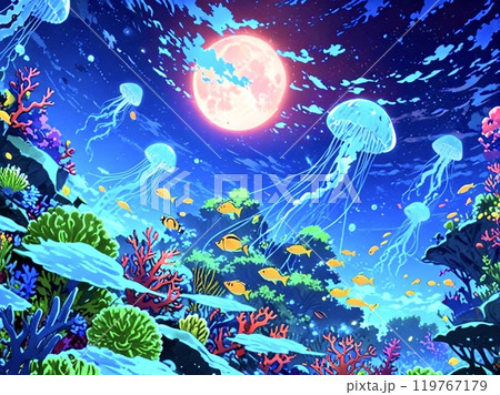 月光が差し込むクラゲがいる海 119767179