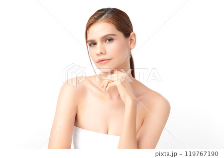 Beautiful young asian woman with clean fresh skin on white background, Face care, Facial treatment, Cosmetology, beauty and spa, Asian women portrait. Beautiful young asian woman with clean fresh skin on white background, Face care, Facial treatment, Cosmetology, beauty and spa, Asian women portrait. 119767190