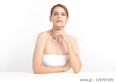 Beautiful young asian woman with clean fresh skin on white background, Face care, Facial treatment, Cosmetology, beauty and spa, Asian women portrait. Beautiful young asian woman with clean fresh skin on white background, Face care, Facial treatment, Cosmetology, beauty and spa, Asian women portrait. 119767199