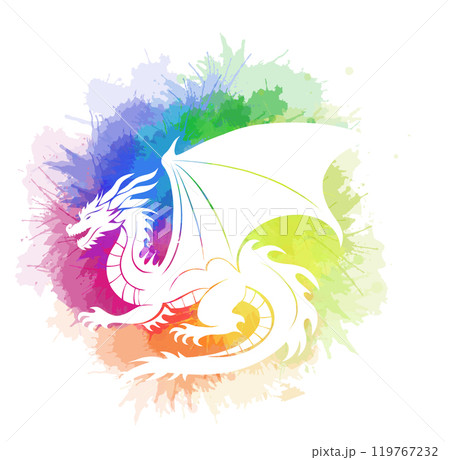 Vector illustration of a white dragon silhouette on a rainbow watercolor background. Silhouette of a mythological creature 119767232