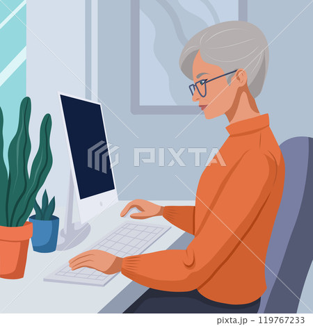 Vector illustration old woman studying at computer in modern flat style. Remote work of freelancer at home. Granny working at distance 119767233