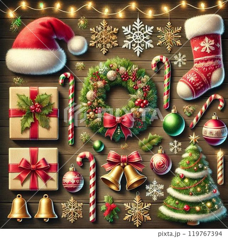 10個のクリスマスツールとデコレーションが特徴の高品質のお祝いイラスト 10個のクリスマスツールとデコレーションが特徴の高品質のお祝いイラスト 119767394