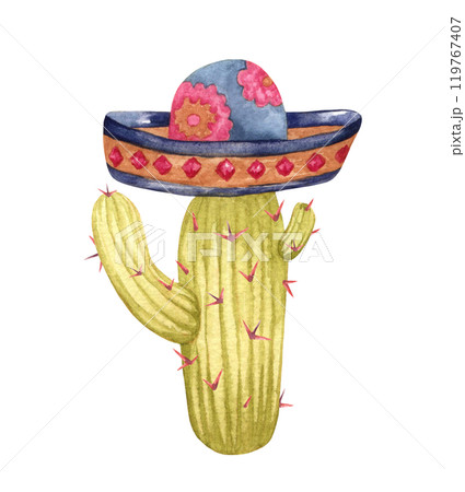 Watercolor Cactus with Sombrero illustration. 119767407