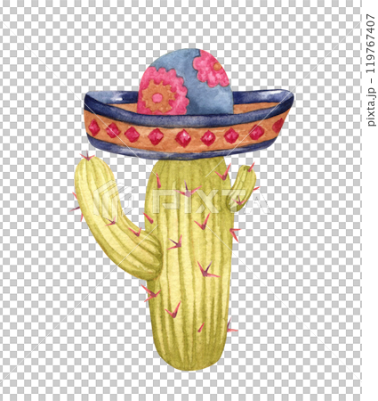 Watercolor Cactus with Sombrero illustration. 119767407