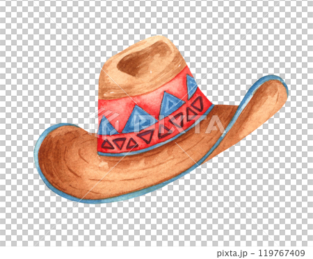 Watercolor sombrero hat. Hand painted rodeo theme design. Countryside western themed illustration Watercolor sombrero hat. Hand painted rodeo theme design. Countryside western themed illustration 119767409