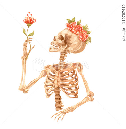 Human scull decorated with floral crown. Watercolor illustration. Mexican day of the dead. Human scull decorated with floral crown. Watercolor illustration. Mexican day of the dead. 119767410