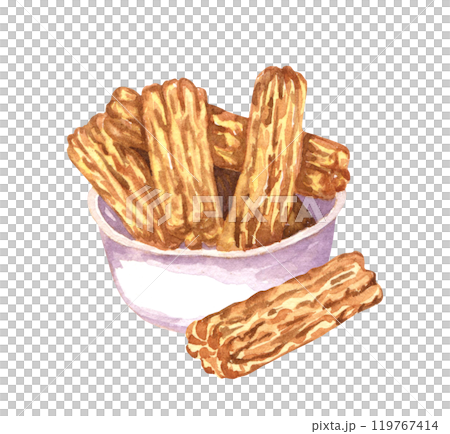 Watercolor Churros sticks in a bowl. Mexican Desserts. Hand-drawn illustration. Watercolor Churros sticks in a bowl. Mexican Desserts. Hand-drawn illustration. 119767414