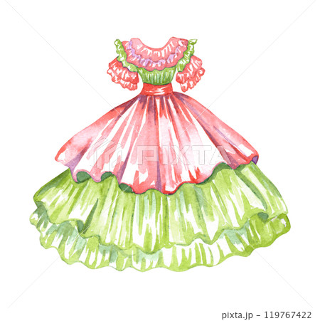 Mexican long traditional dress isolated. Watercolor tabasco dress, decorated red belt. 119767422